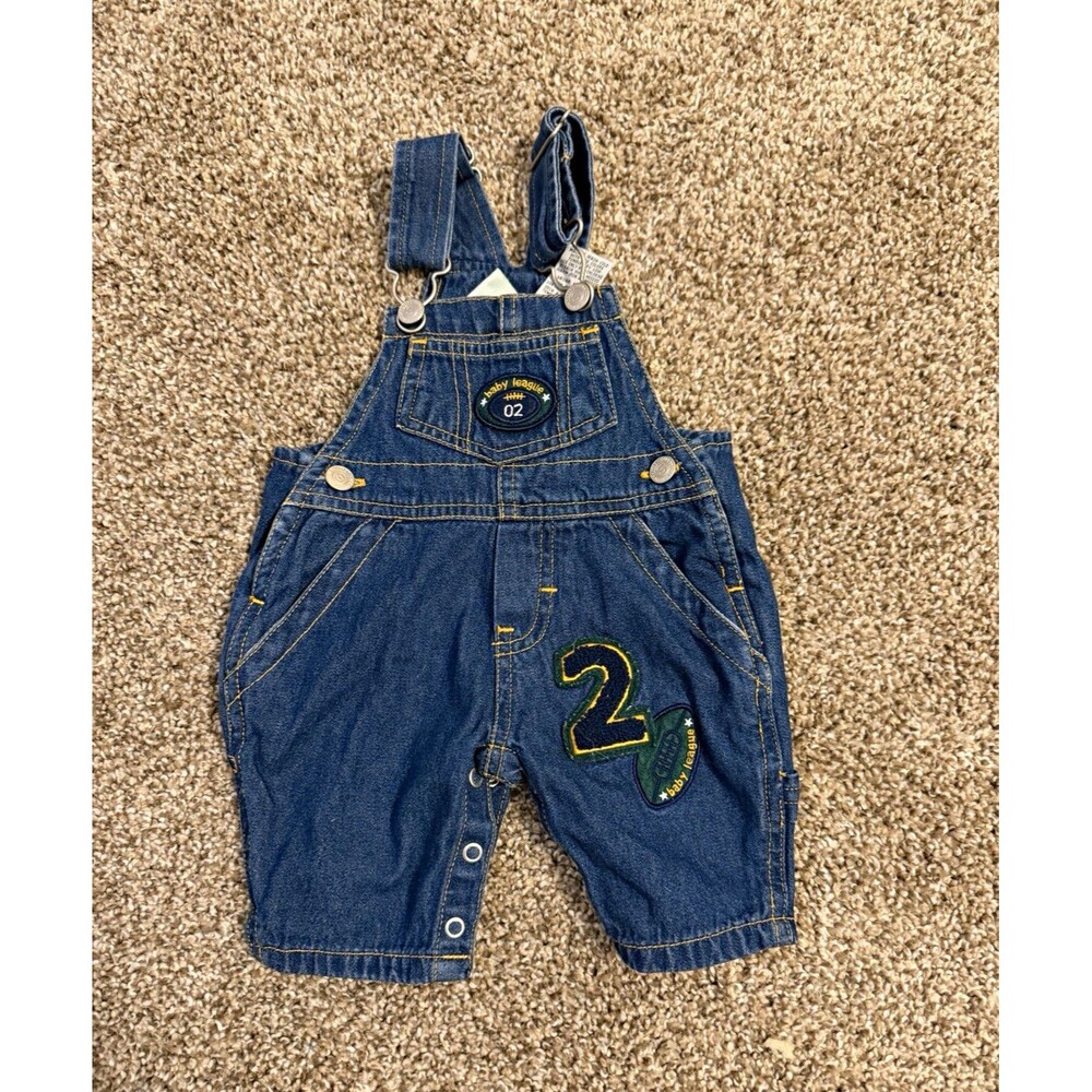 VTG Sesame Street Big Bird Baby League 02 Denim Cotton Overalls Blue 0-3 Months